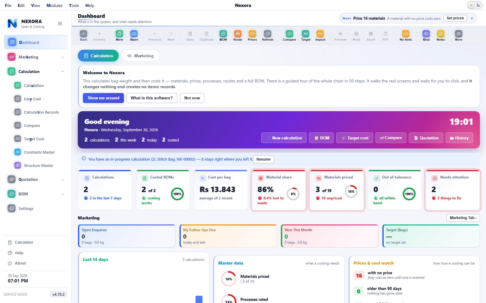 The Nexora Sales & Costing dashboard: what is in the system and what needs attention