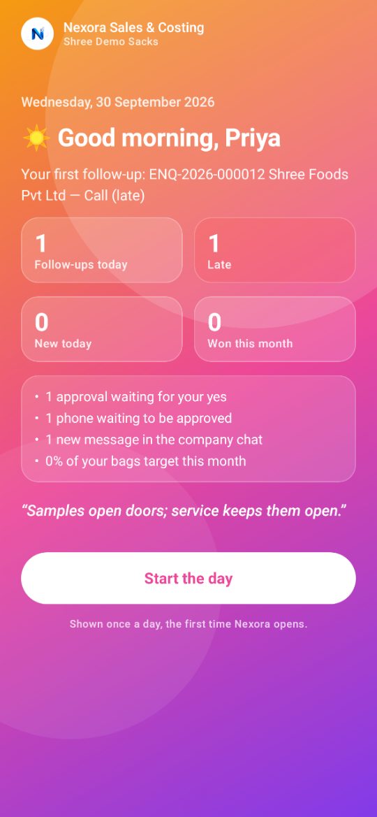 Nexora Mobile morning briefing: follow-ups today, late, new today, won this month, and what is waiting