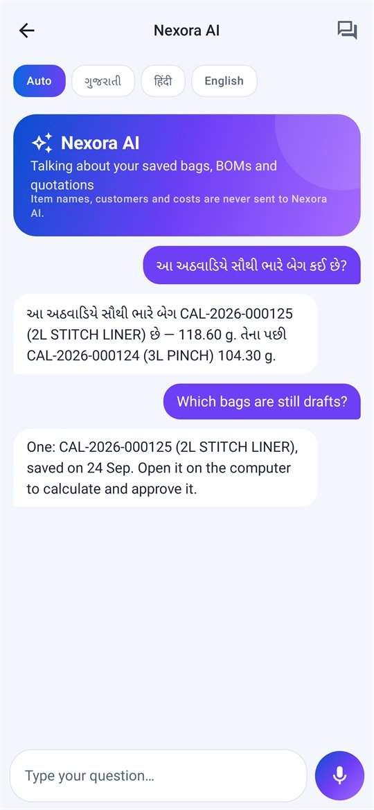 Nexora AI on the phone, asked in Gujarati which bag is the heaviest this week, and answering