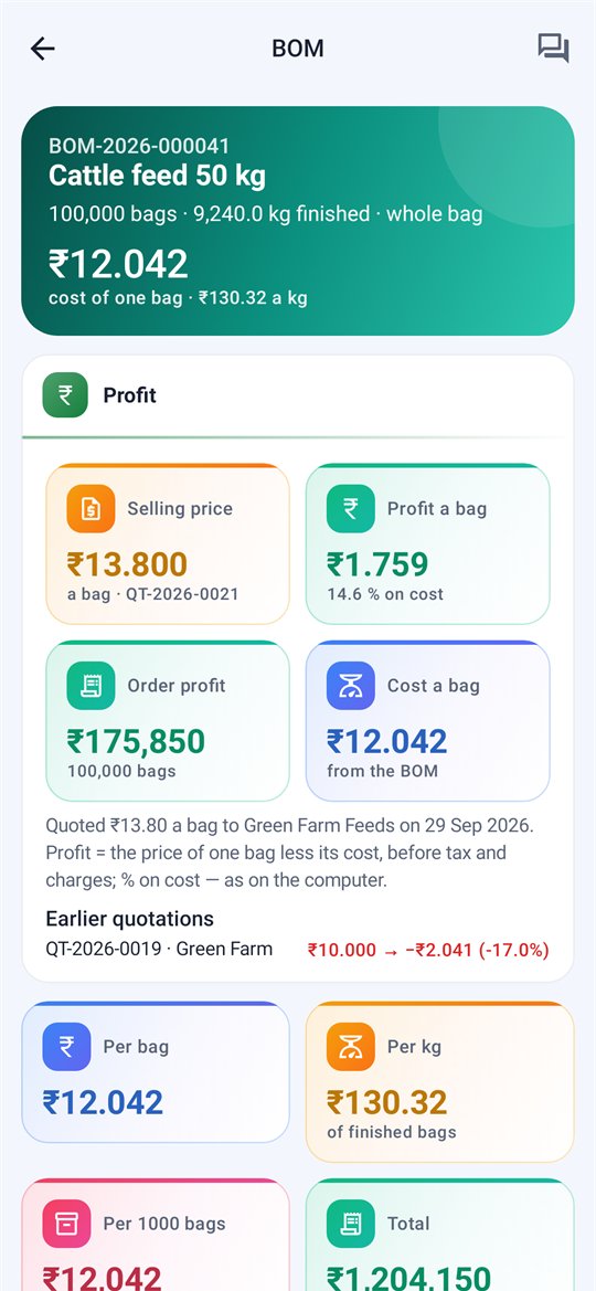 Nexora Mobile BOM: cost of one bag, the selling price from its quotation, the profit a bag and on the order, % on cost